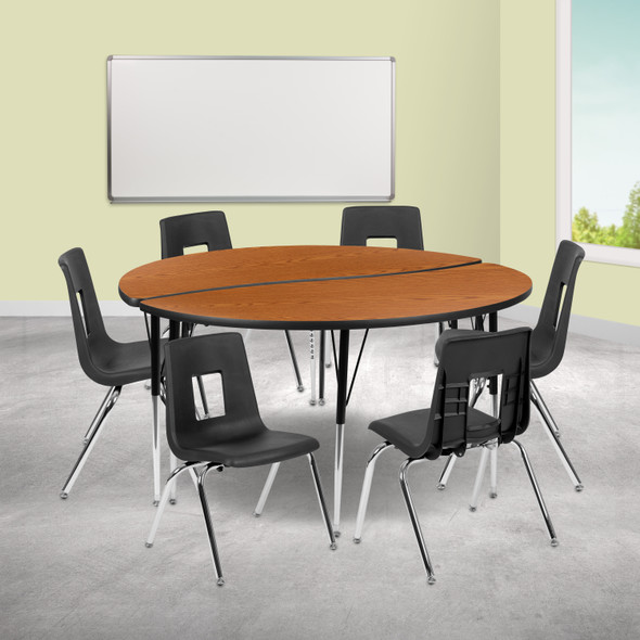 Emmy 60" Circle Wave Flexible Laminate Activity Table Set with 16" Student Stack Chairs, Oak/Black