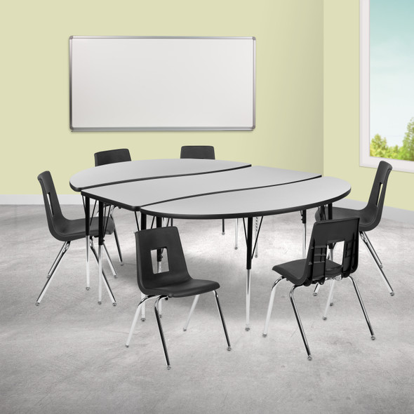 Emmy 86" Oval Wave Flexible Laminate Activity Table Set with 18" Student Stack Chairs, Grey/Black