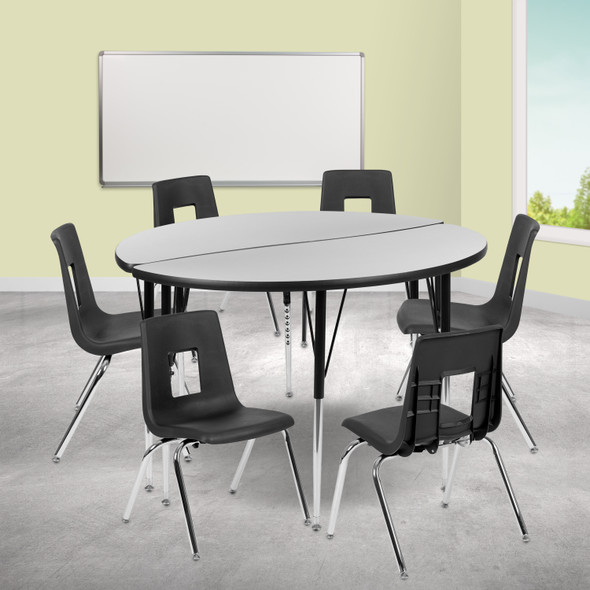 Emmy 47.5" Circle Wave Flexible Laminate Activity Table Set with 18" Student Stack Chairs, Grey/Black