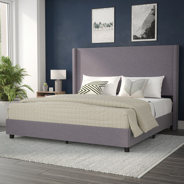 Quinn King Upholstered Platform Bed with Channel Stitched Wingback Headboard, Mattress Foundation with Slatted Supports, No Box Spring Needed, Gray