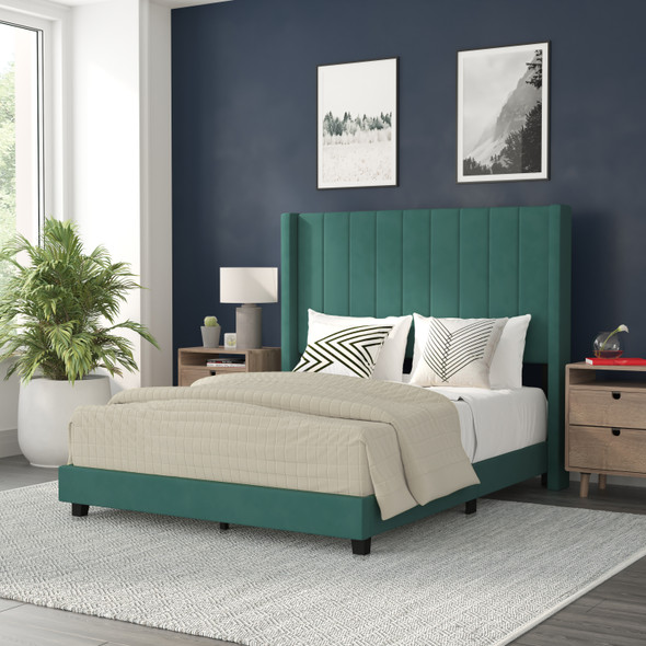 Bianca Full Upholstered Platform Bed with Vertical Stitched Wingback Headboard, Slatted Mattress Foundation, No Box Spring Needed, Emerald Velvet