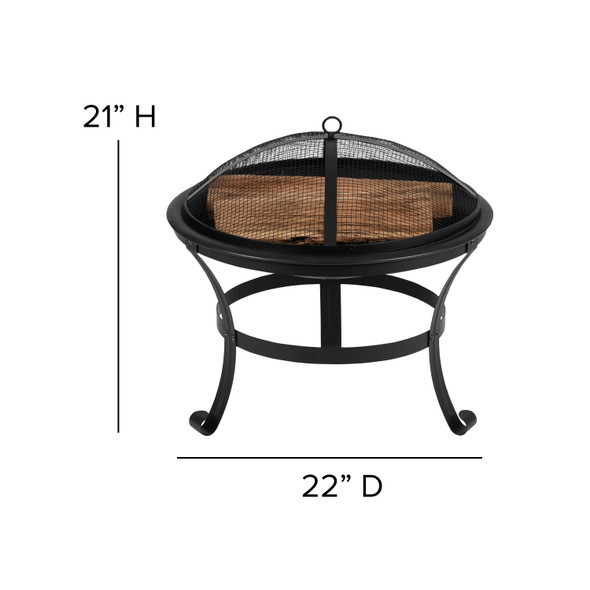 Chelton 22" Round Wood Burning Firepit with Mesh Spark Screen and Poker