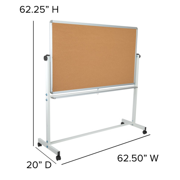 HERCULES Series 62.5"W x 62.25"H Reversible Mobile Cork Bulletin Board and White Board with Pen Tray