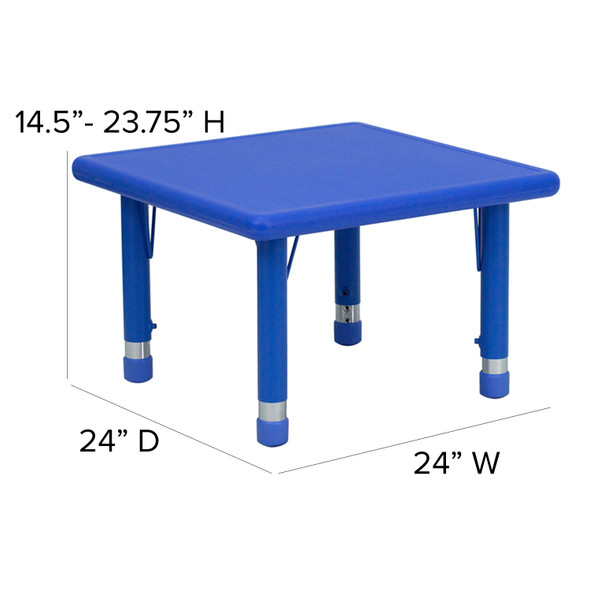 Emmy 24'' Square Blue Plastic Height Adjustable Activity Table Set with 4 Chairs