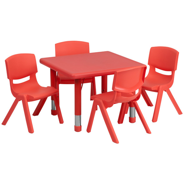 Emmy 24'' Square Red Plastic Height Adjustable Activity Table Set with 4 Chairs