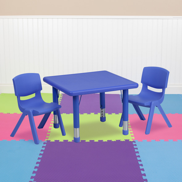 Emmy 24'' Square Blue Plastic Height Adjustable Activity Table Set with 2 Chairs