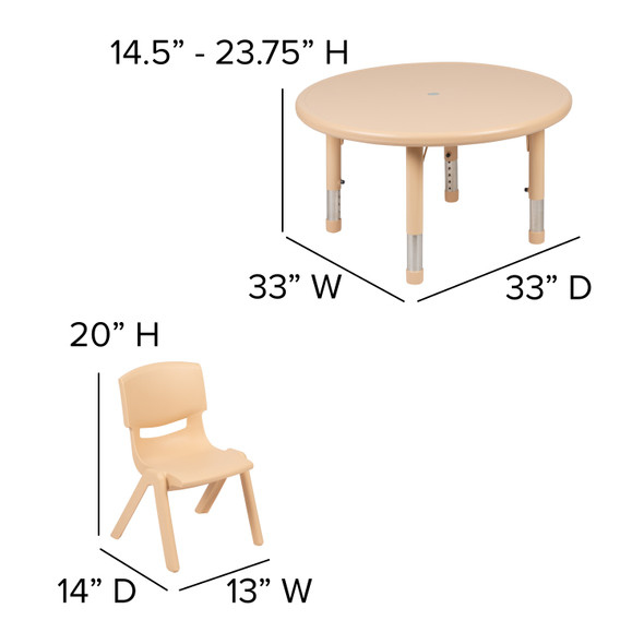 Emmy 33" Round Natural Plastic Height Adjustable Activity Table Set with 4 Chairs