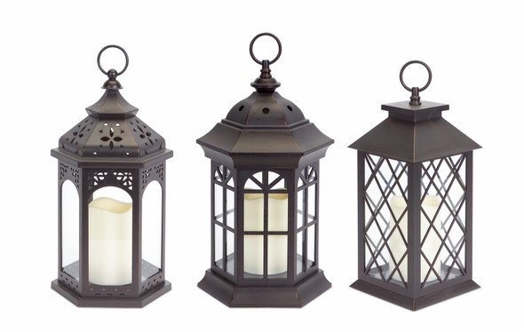 Lanterns w/LED Candle (Set of 3) w/6 Hour Timer 13"H Plastic/Glass - 50202