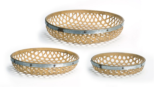 Round Woven Tray (Set of 3) 17"D, 20"D, 23.5"D Bamboo/Metal - 70709