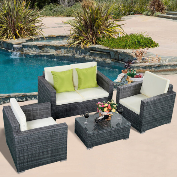 4 Pieces Gray Wicker Rattan Sofa Furniture Set Patio Garden Lawn Cushioned Seat New