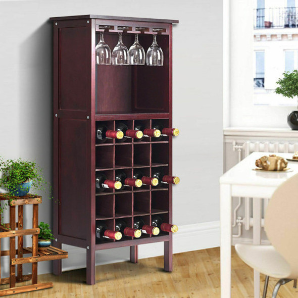 20 Bottles Wood Storage Glass Holder Cabinet Wine Rack-Burgundy