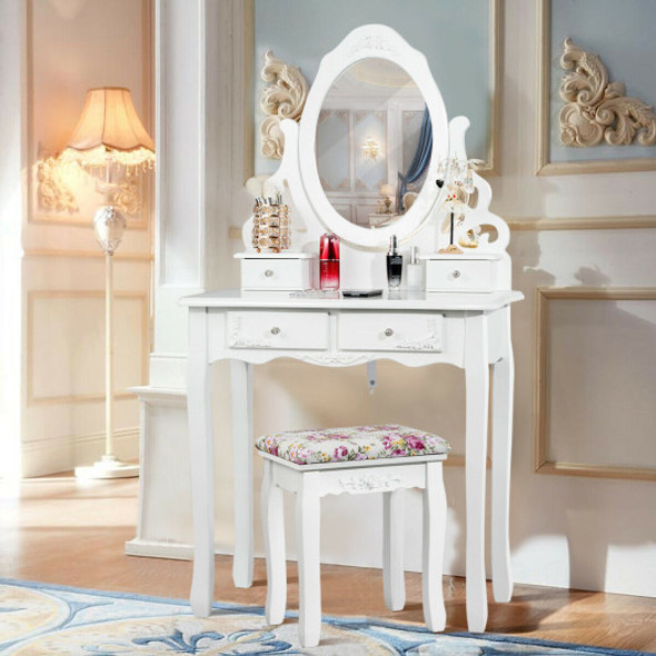 4 Drawers Vanity Wood Makeup Dressing Table Set with Mirror-White