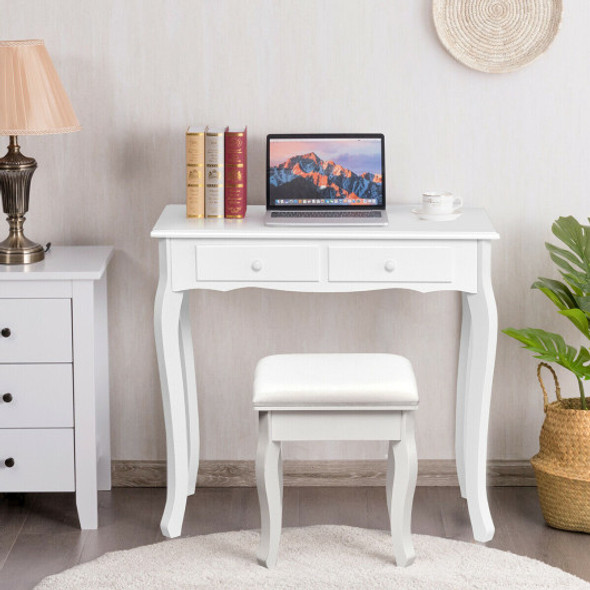 4 Drawers Wood Mirrored Vanity Dressing Table with Stool-White