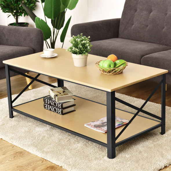Cocktail Side Accent Wood Coffee Table w/ Storage Shelf-Natural