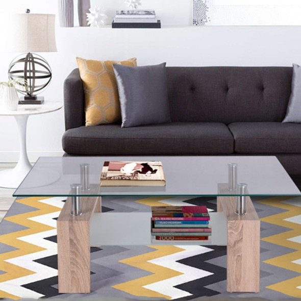 Living Room Rectangular Glass Wood Coffee Table with Shelf