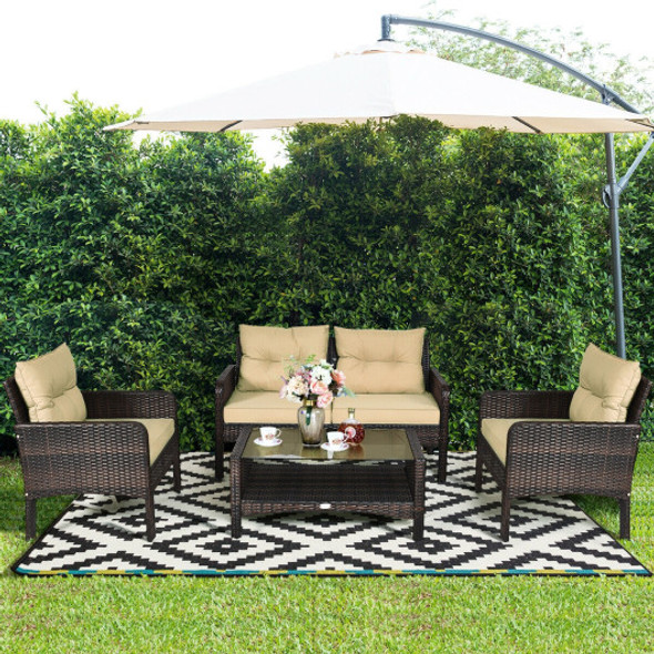 4 Pieces Outdoor Rattan Wicker Loveseat Furniture Set with Cushions-Coffee