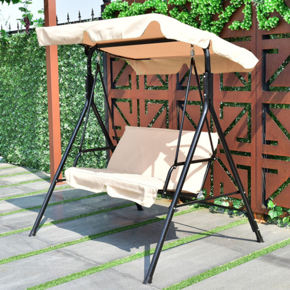 Steel Frame Outdoor Loveseat Patio Canopy Swing with Cushion-Beige