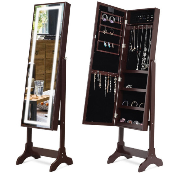 Touch Screen LED Light Mirrored Jewelry Cabinet-Coffee