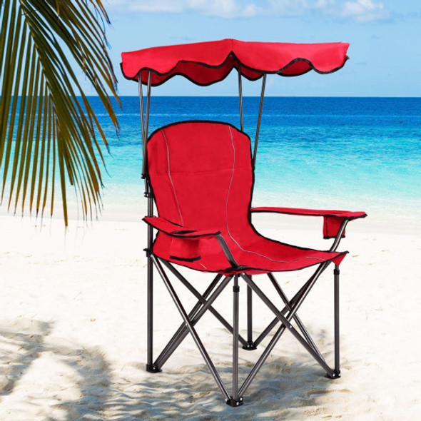 Portable Folding Beach Canopy Chair with Cup Holders-Red