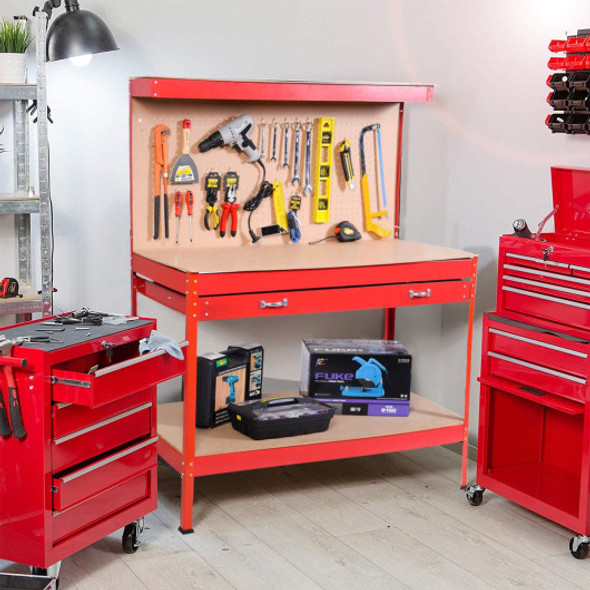 Steel Frame Storage Work Bench with Drawer-Red