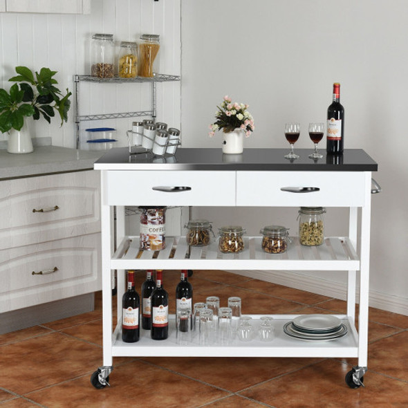 Rolling Kitchen Trolley Cart Island with Stainless Steel Countertop-White