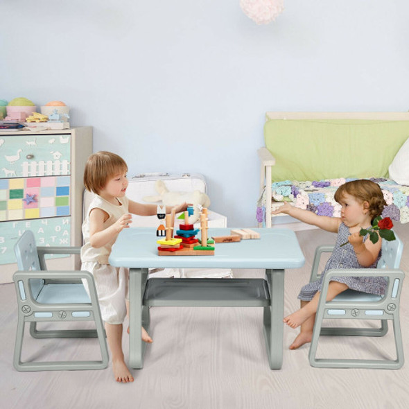Kids Table and 2 Chairs Set with Storage Shelf-Blue