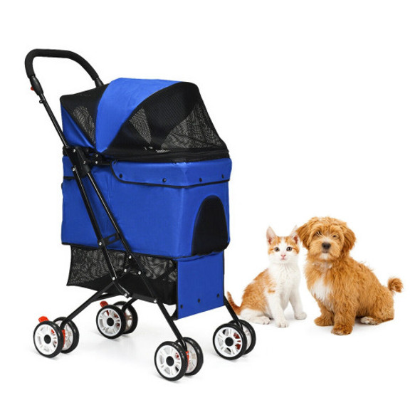 Pet Foldable Cage Stroller For Cat And Dog-Blue