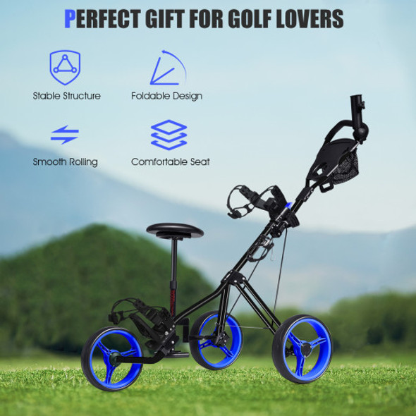 Foldable 3 Wheels Push Pull Golf Trolley with Scoreboard Bag-Navy