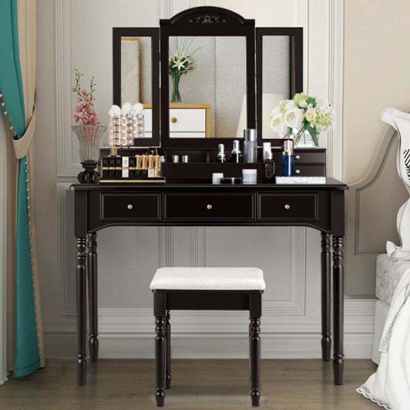 Makeup Dressing Table with Tri-Folding Mirror and Cushioned Stool for Women-Coffee