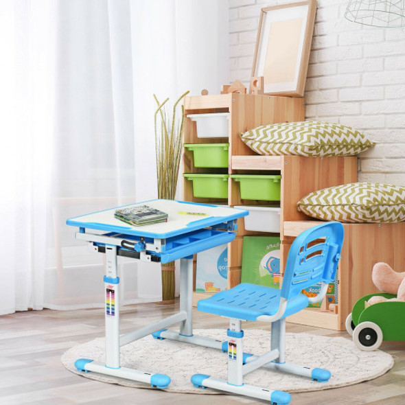 Adjustable Children Multifunctional Study Drawing Desk Chair Set-Blue