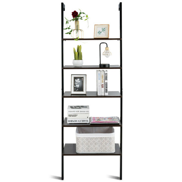 5-Tier Wood Look Ladder Shelf with Metal Frame for Home-Black