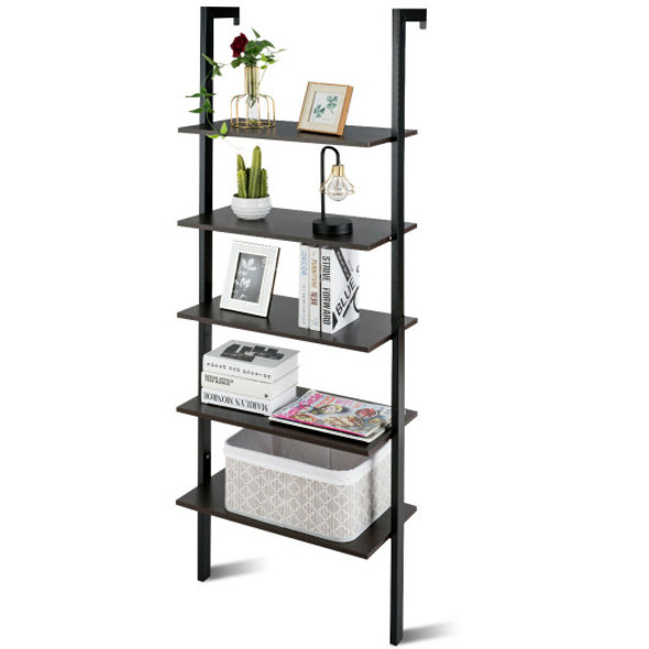 5-Tier Wood Look Ladder Shelf with Metal Frame for Home-Black