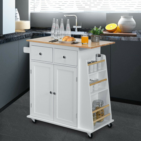 Rubber Wood Countertop Rolling Kitchen Island Cart-White