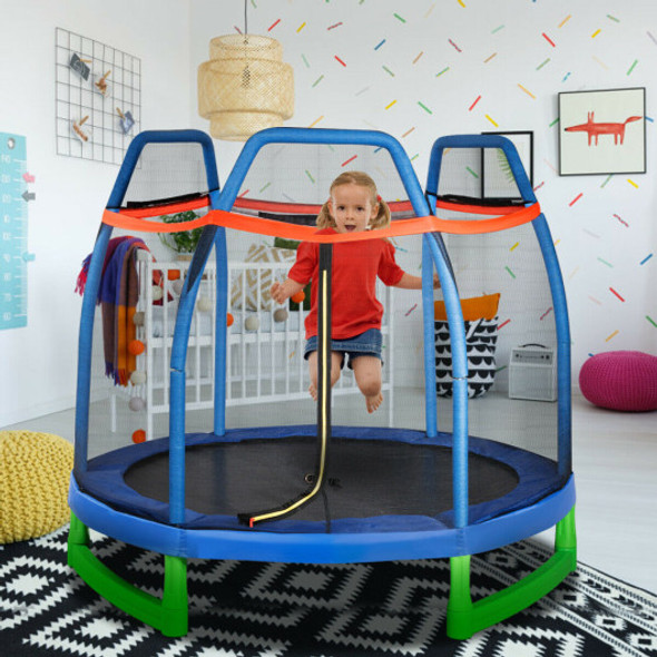 7 Ft Kids Trampoline W/ Safety Enclosure Net-Blue