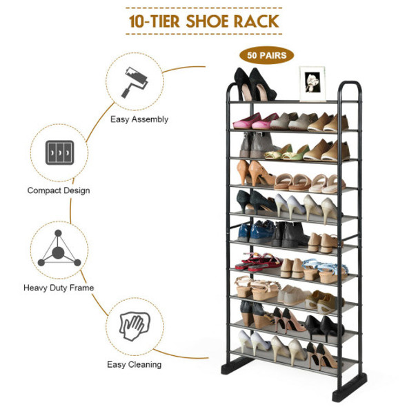 10-Tier Metal Frame Shoe Rack Space-saving Shoe Organizer