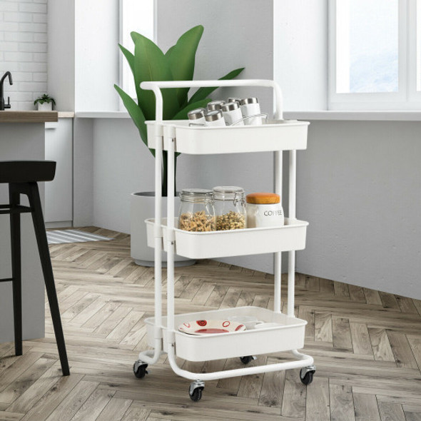 3-Tier Utility Cart Storage Rolling Cart with Casters-White