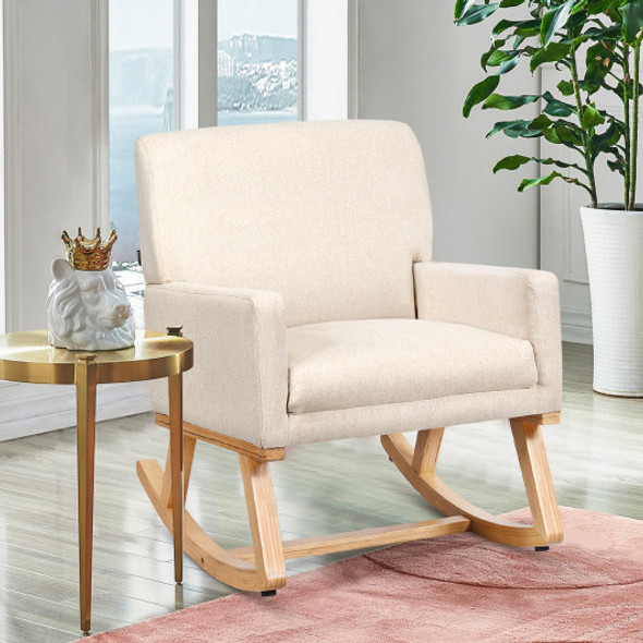 Rocking Chair Upholstered Armchair with Lumbar Support-Beige