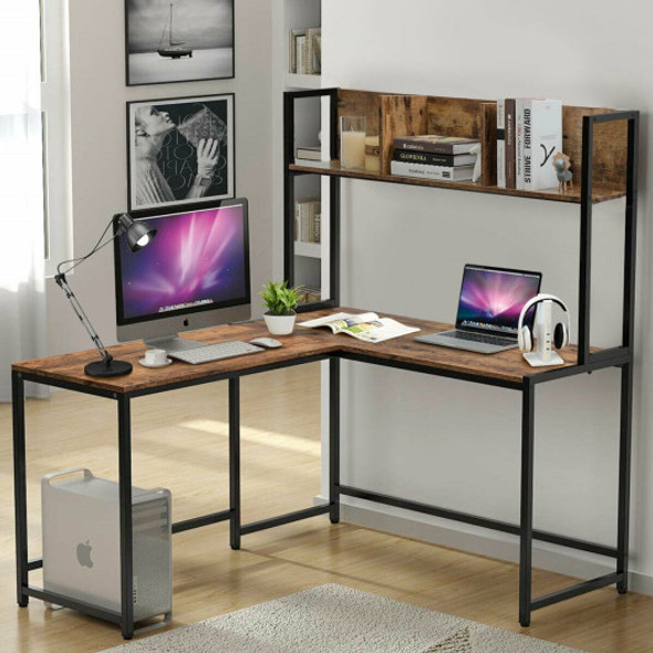 Industrial L-Shaped Desk Bookshelf 55 Inch Corner Computer Gaming Table-Brown