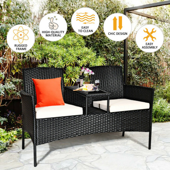 Patio Rattan Set Sofa Cushioned Loveseat Glass Table Chairs