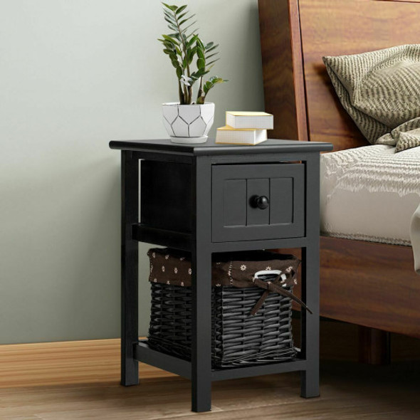 Set of 2 Mini Night Stand 2 Layer 1 Drawer End Table Organizer Wood-Black