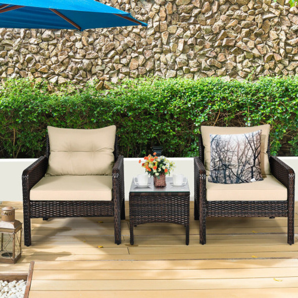 3 Pieces Outdoor Patio Rattan Conversation Set with Seat Cushions-Beige
