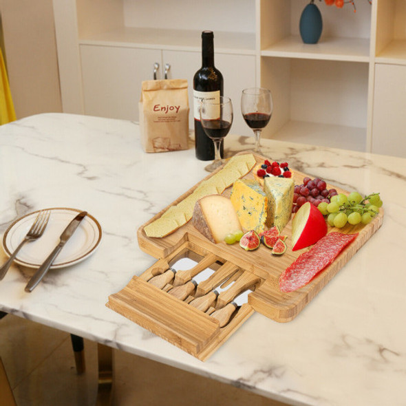 Bamboo Cheese Board and Knife Set  with Slide-out Drawer