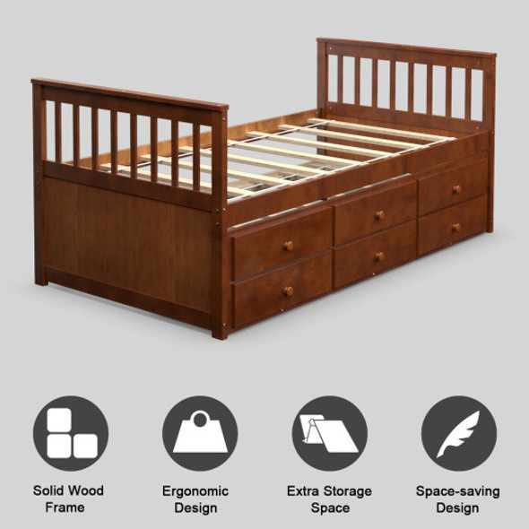 Twin Captain's Bed with Trundle Bed with 3 Storage Drawers-Walnut