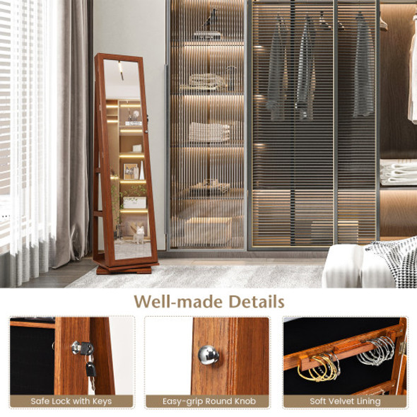 360° Rotatable Armoire 2-in-1 Lockable Mirrored Jewelry Cabinet-Brown