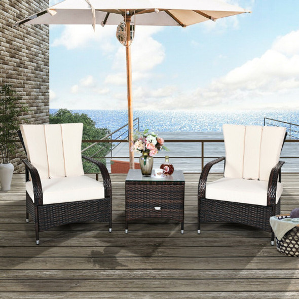 3PCS Rattan Coffee Table Set Chair-White