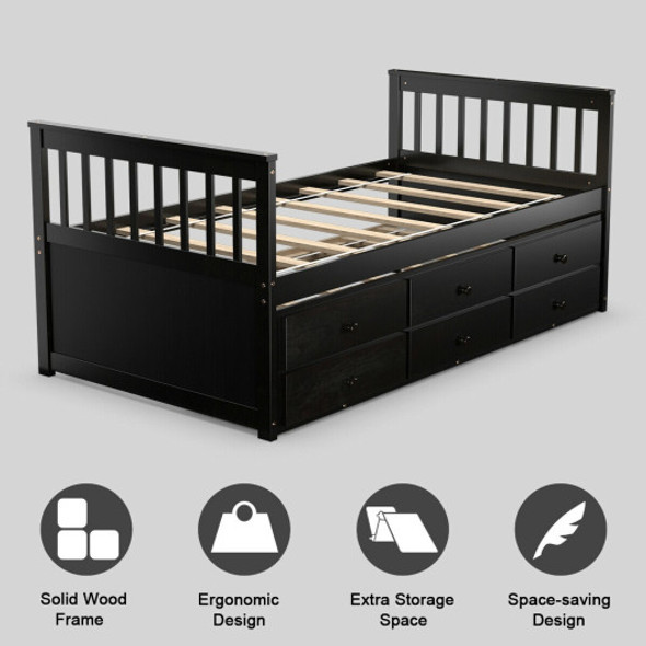 Twin Captain's Bed with Trundle Bed with 3 Storage Drawers-Dark Brown