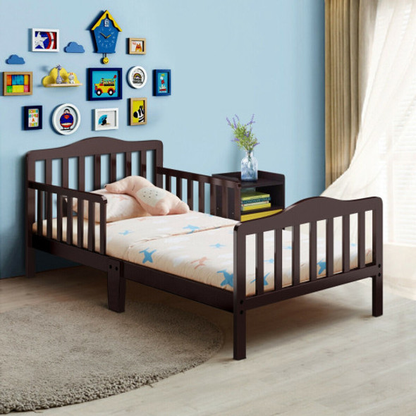 Classic Design Kids Wood Toddler Bed Frame with Two Side Safety Guardrails-Brown