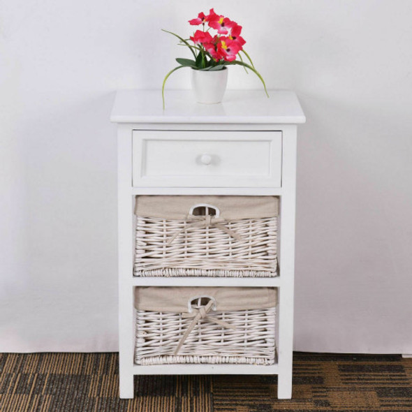 3 Tier Set of 2 Wood Nightstand with 1 and 2 Basket Drawer -White