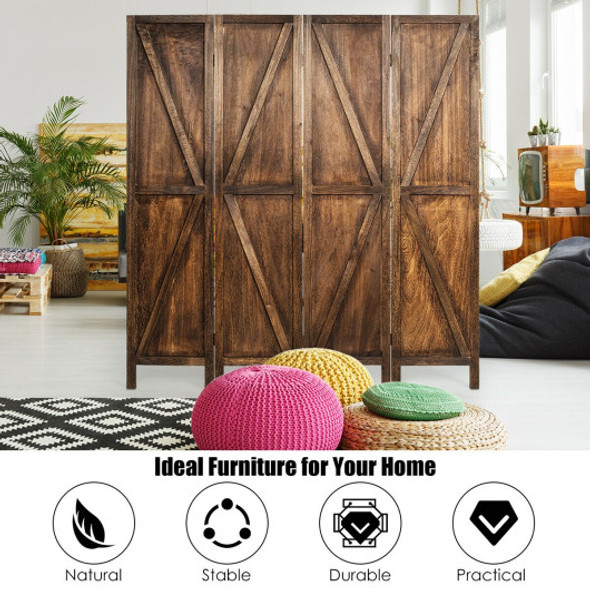 4 Panels Folding Wooden Room Divider-Brown