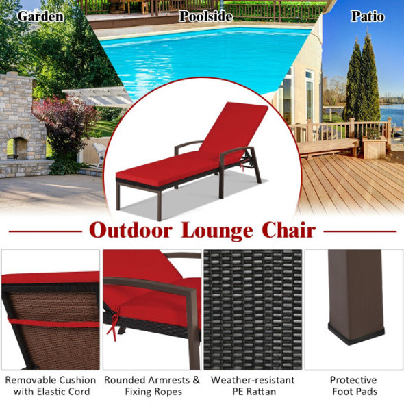 Patio Rattan Lounge Chaise Recliner with Back Adjustable Cushioned